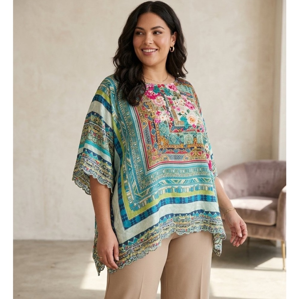 Johnny Was Multicolor Floral Geometric Patchwork silk Tunic - Teal, Pink, Green - Picture 2 of 7